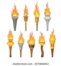 Torch with Brightly Burning Fire on Top as Ignited Light Source Vector Set