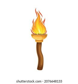 Torch with Brightly Burning Fire on Top as Ignited Light Source Vector Illustration