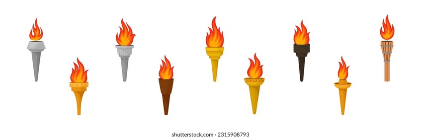 Torch with Brightly Burning Fire on Top as Ignited Light Source Vector Set