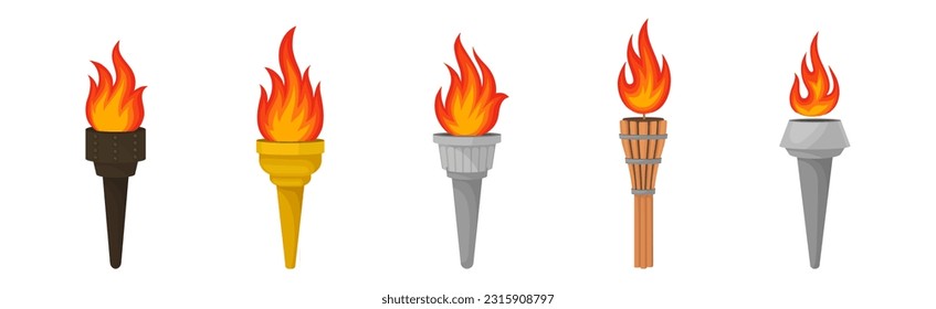 Torch with Brightly Burning Fire on Top as Ignited Light Source Vector Set