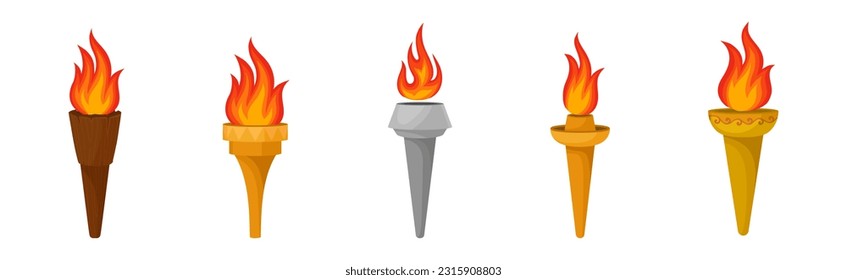 Torch with Brightly Burning Fire on Top as Ignited Light Source Vector Set