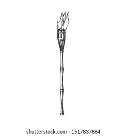 Torch Burning Bamboo Beach Lamp Monochrome Vector. Tropical Flaming Torch, Lighting Element. Burn With Tongue Engraving Layout Designed In Vintage Style Black And White Illustration