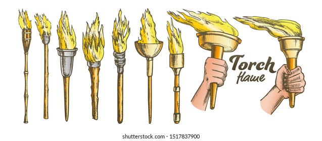 Torch Burning Collection Color Set Vector. Different Material And Size, Medieval And Sport Torch. Burn Fire Engraving Template Hand Drawn In Vintage Style Illustrations