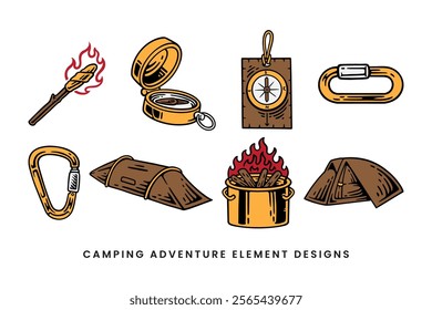 torch, campfire barrel, camping tent, compass, carabiner, bonfire, navigation colorful doodle illustration vector element design collection set for adventure, explorer, mountaineer, hiker and climber