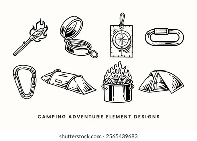 torch, campfire barrel, camping tent, compass, carabiner, bonfire, navigation vintage outline illustration vector element design collection set for adventure, explorer, mountaineer, hiker and climber