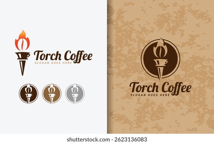 Torch Coffee logo design. A coffee bean igniting like a flame and torch elements in a creative logo composition.