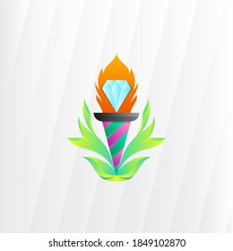 plantilla de diseño del logotipo del diamante antorcha con elemento de hoja floral en gradiente verde. icono de estilo colorido.