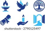 Torch, dove, tree of life, diploma, candle, archway. Peace, knowledge, faith, graduation.
