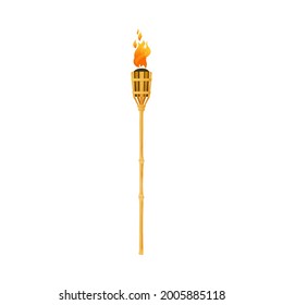Torch fire flame, Medieval ancient burning lamp, vector icon. Torch on wood bamboo stick, tribal fire lantern, Hawaii tiki burning flambeau or torchlight fire on wood pipe