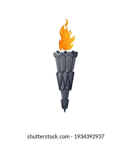 Torch fire flame, Medieval burning lantern, vector icon. Torch in stone pipe stick, fire lantern or burning flambeau and torchlight, ancient lamp and victory and power game symbol