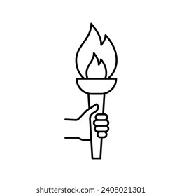 Torch mit Feuer in der Hand, Zeilensymbol. Brennende Fackel Symbol für Sportspiele. Wettbewerb der Sportler im Sport um den Sieger. Die Flame des Sieges. Vektorgrafik