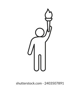 Torch with fire in hands of person, line icon. Burning torch symbol of sport games. Competition of athletes in sport for winning champion. Flame of victory. Vector outline illustration