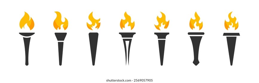 Torch fire icon set. Burning torch. Fire torch vector illustration. Olympic fire torch icons.