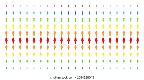 Torch Fire icon spectrum halftone pattern. Vector pictograms organized into halftone matrix with vertical spectral gradient. Constructed for backgrounds, covers, templates and abstract compositions.