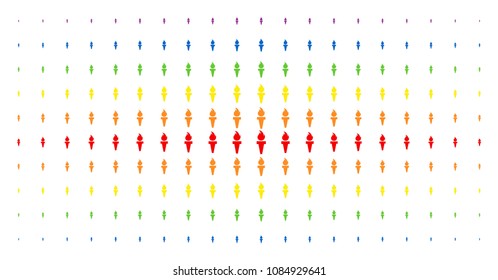 Torch fire icon spectrum halftone pattern. Vector torch fire items are arranged into halftone matrix with vertical spectral gradient. Constructed for backgrounds, covers,
