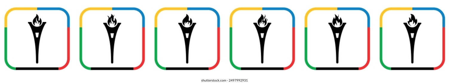 Conjunto de iconos de Vector de colección de iconos de fuego de antorcha. Antorcha olímpica de la torre Eiffel, conjunto de iconos de llama olímpica colorido.