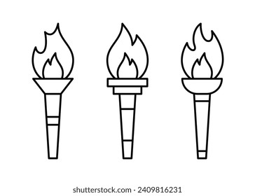 Torch with fire, line icon set. Burning torch symbol of sport games. Competition of athletes in sport for winning champion. Flame of victory. Vector outline illustration