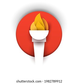 Torch with fire in modern creative paper cut style on white background. Minimalistic design element. Creative design concept for branding sport competition, games. Vector illustration.