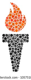 Torch Fire mosaic of circle dots in variable sizes and color tones. Circle elements are organized into torch fire vector collage. Vector design concept.