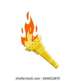 Torch with fire. Olympic flame. Flat cartoon illustration. Greek golden Symbol of sports competitions. The concept of light and knowledge