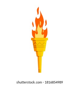 Torch with fire. Olympic flame. Greek golden Symbol of sports competitions. The concept of light and knowledge. Flat cartoon illustration