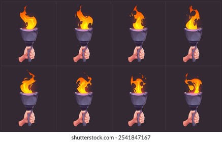 Torch fire sprite for game. Flame frame sequence cartoon vector set. Bonfire fx loop animation asset kit. Medieval magic burn sheet for video with ancient olympic stick. Old lamp in hand storyboard