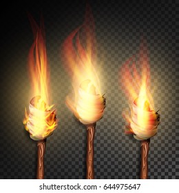 Torch With Flame. Burning In The Dark Transparent Background Realistic Torch With Flame. Vector Illustration