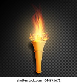 Torch With Flame. Burning In The Dark Transparent Background Realistic Torch With Flame. Vector Illustration
