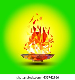 Torch, Flame. Cup with a torch on a green background in the geometric style triangle