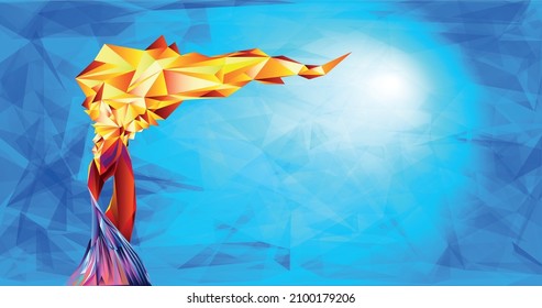 Torch, Flame. A hand from the Olympic ribbons holds the Cup with a torch on a blue background in a geometric triangle Olympic games, Beijing, Beijing 2022, XXIV Olympic Winter Games