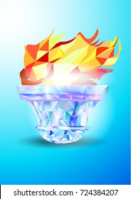 Torch, Flame. A hand from the Olympic ribbons holds the Cup with a torch on a blue background in a geometric triangle of XXIII style Olympics Winter games.