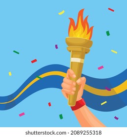 Torch, Flame. A hand with ribbons holds the torch on a blue background