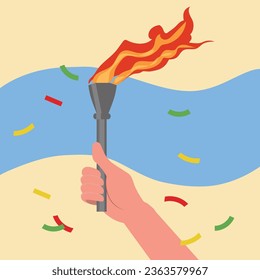 Torch, Flame. A hand with ribbons holds the torch on a yellow background.