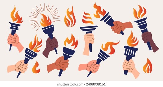 Torch, Flame, Hand. Torch in hand set. Vector isolated burning torches flames in hands. Symbols of relay race, competition victory, champion.