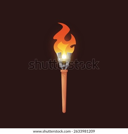 Torch flame icon. Burning ancient, medieval torchlight. Vector illustration isolated on a dark background in cartoon style.