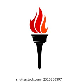 Symbol für Fackelflamme. Sieg und Freiheit, Freiheit und Feuer. Isolierte Vektorembleme mit roter und orangefarbener Flamme auf schwarzem Fackelgriff, die Triumph, Kraft, Leistung und Inspiration symbolisieren