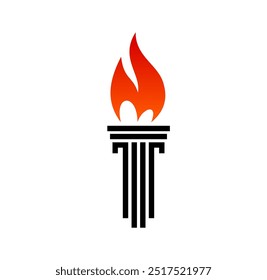 Symbol für Fackelflamme. Sieg und Freiheit, Freiheit und Feuer. Isolierte Vektorsymbol, das Triumph, Erfolg, Macht, Leistung und Führung symbolisiert. Rote Flamme brennt auf schwarzem Fackelgriff