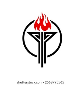 Torch flame icon. Victory and freedom, liberty and champion fire. Isolated vector emblem representing red flame burning on black torch handle inside of circle symbolizing triumph, success, achievement