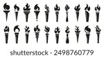 Torch flame icons. Big set of different torch fire flames in black