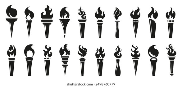 Torch flame icons. Big set of different torch fire flames in black