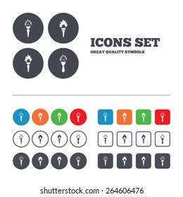 Torch flame icons. Fire flaming symbols. Hand tool which provides light or heat. Web buttons set. Circles and squares templates. Vector