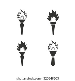 Torch flame icons. Fire flaming symbols. Hand tool which provides light or heat. Flat icons on white. Vector