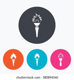 Torch flame icons. Fire flaming symbols. Hand tool which provides light or heat. Circle flat buttons with icon.