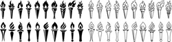 Torch And Flame Icons In Flat, Line Style Set. Isolated On Transparent Background Symbol Of Victory, Success Or Achievement. Olympic Burning Torch In The Eiffel Tower. World Games. Vector For App Web