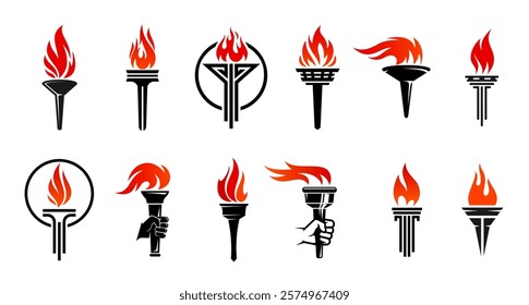 Torch flame icons. Victory and freedom, liberty and champion fire in hands vector symbols. Black torches and ancient lamps with burning fire and hot red flames, sport competition and triumph concept