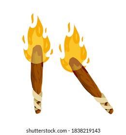 Torch and flame. Lighting element. Old primitive tool. Flat cartoon illustration. Wooden stick with fire