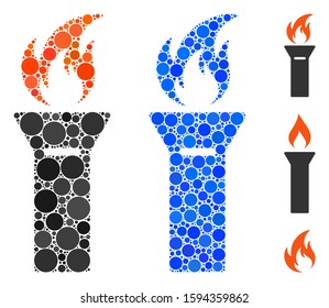 Torch flame mosaic of round dots in different sizes and color hues, based on torch flame icon. Vector round elements are united into blue mosaic. Dotted torch flame icon in usual and blue versions.