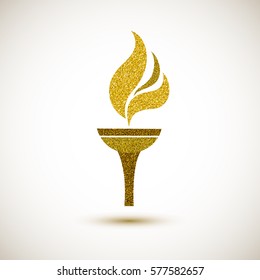 Torch with a flame on white background. Gold sparkles texture. Logo design concept. Vector flat style.