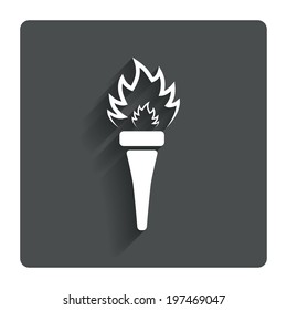 Torch flame sign icon. Fire flaming symbol. Gray flat button with shadow. Modern UI website navigation. Vector
