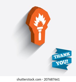 Torch flame sign icon. Fire flaming symbol. White icon on orange 3D piece of wall. Carved in stone with long flat shadow. Vector
